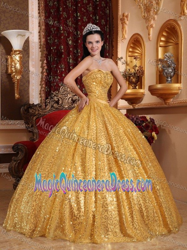 Gold Sequin Over Skirt Strapless Floor-length Quinceanera Gown in Aurora