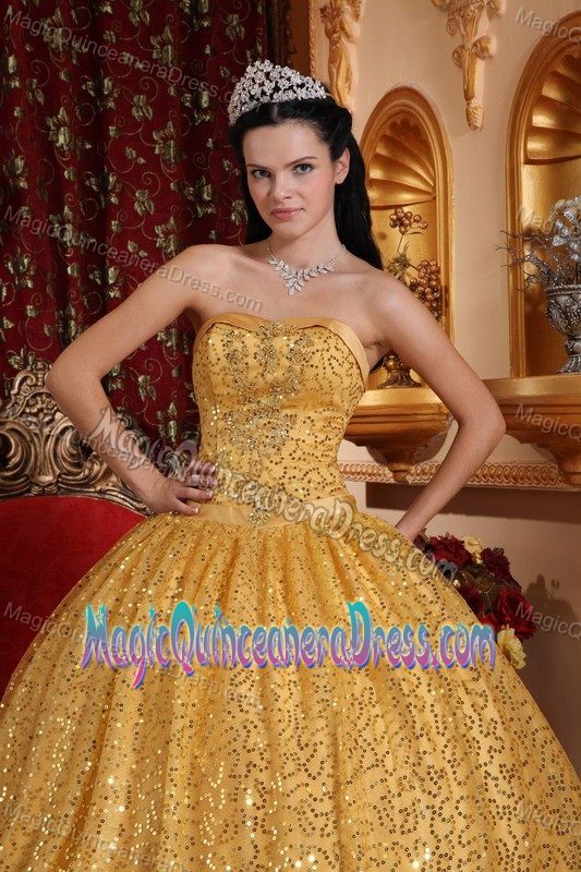 Gold Sequin Over Skirt Strapless Floor-length Quinceanera Gown in Aurora