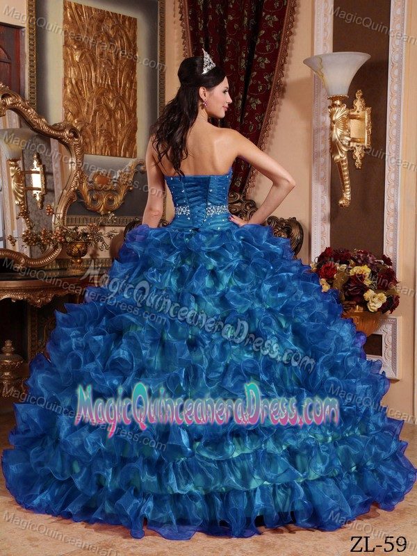 Peacock Blue Beaded Sweetheart Long Sweet Sixteen Dresses with Ruffles