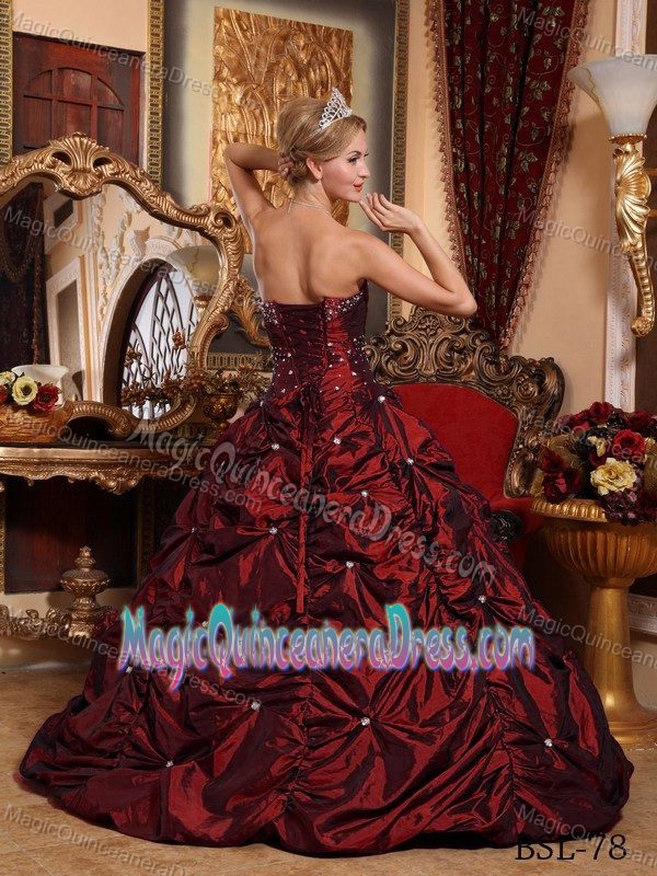 Strapless Burgundy Beaded Long Quinceanera Dress with Pick-ups in Kihei