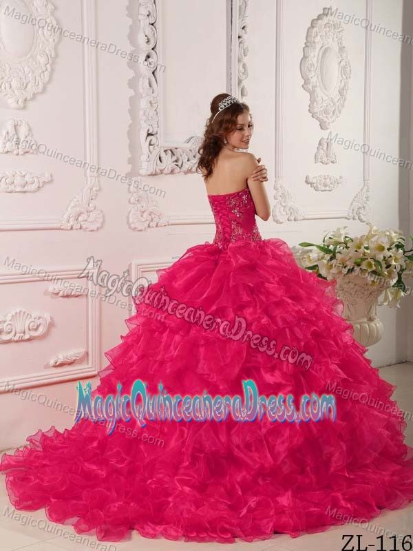 Hot Pink Strapless Brush Quinceanera Gowns with Embroidery and Ruffles