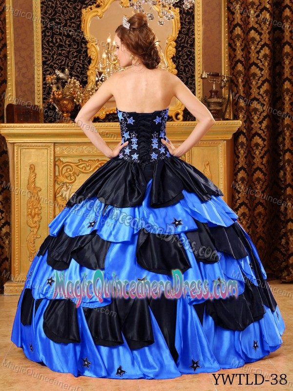 Black and Blue Appliqued Strapless Full-length Quinces Dresses in Evanston