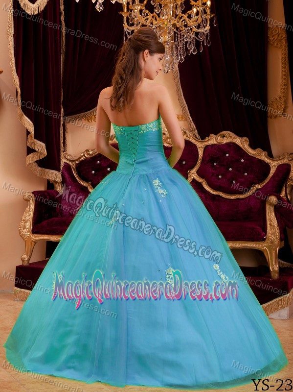 Blue A-line Strapless Appliques Tulle Quinceanera Gown Dresses in Chapel Hill