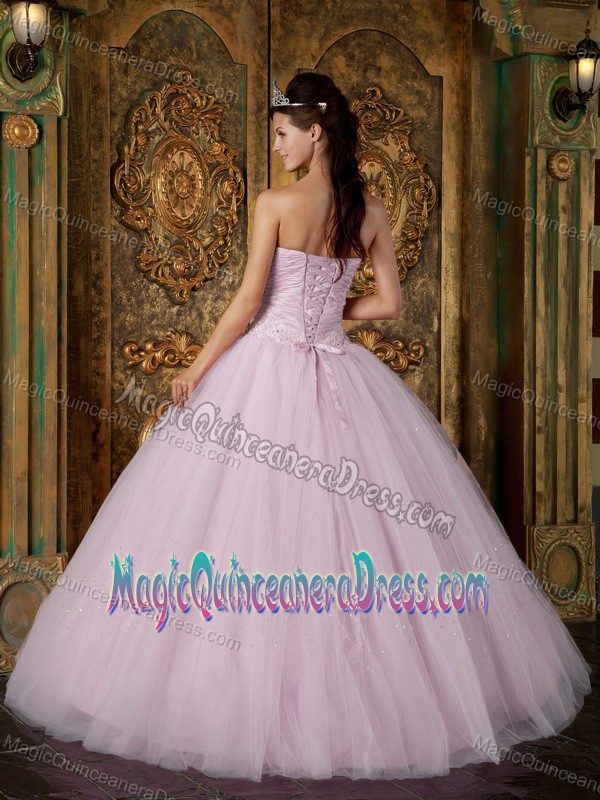Light Pink Ball Gown Strapless Appliques Tulle Sweet Sixteen Dresses in Cary