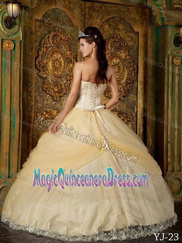Champagne Strapless Appliques and Hand Made Flowers Tulle Quinceanera Dress