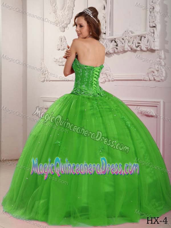 Elegant Ball Gown Strapless Tulle Beading Spring Green Quinceanera Dress