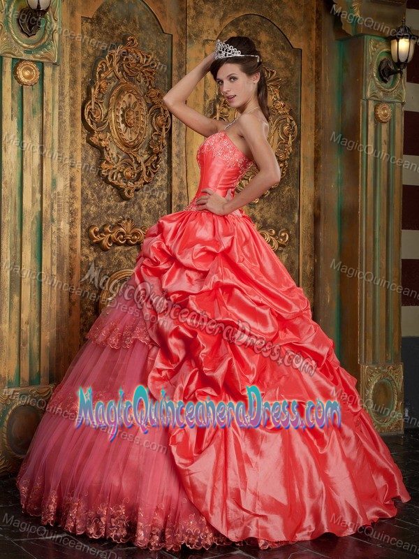 Watermelon Sweetheart Taffeta and Tulle Lace Appliques Quinceanera Dress