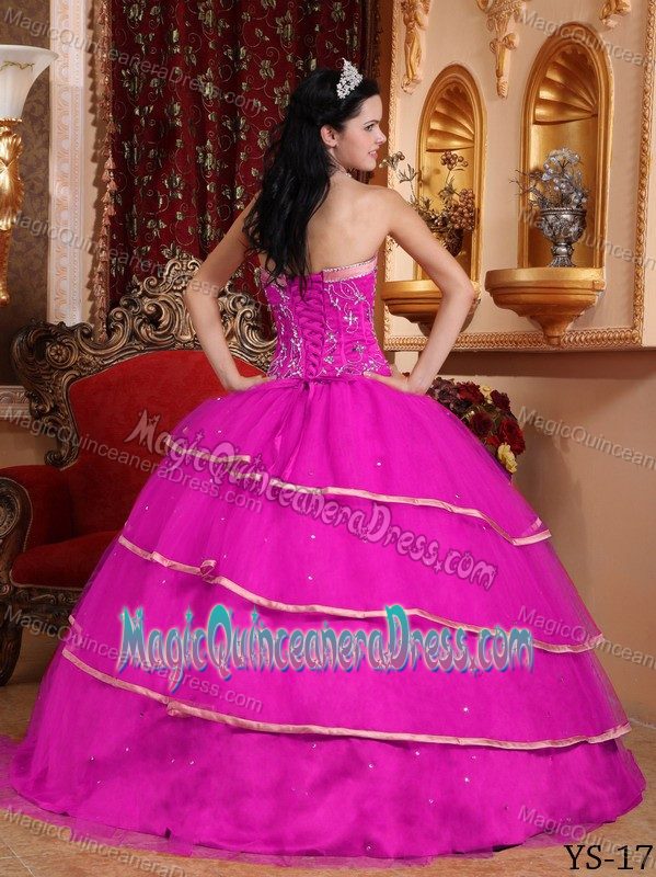 Hot Pink Sweetheart Satin and Tulle Beading and Embroidery Quinceanera Dress