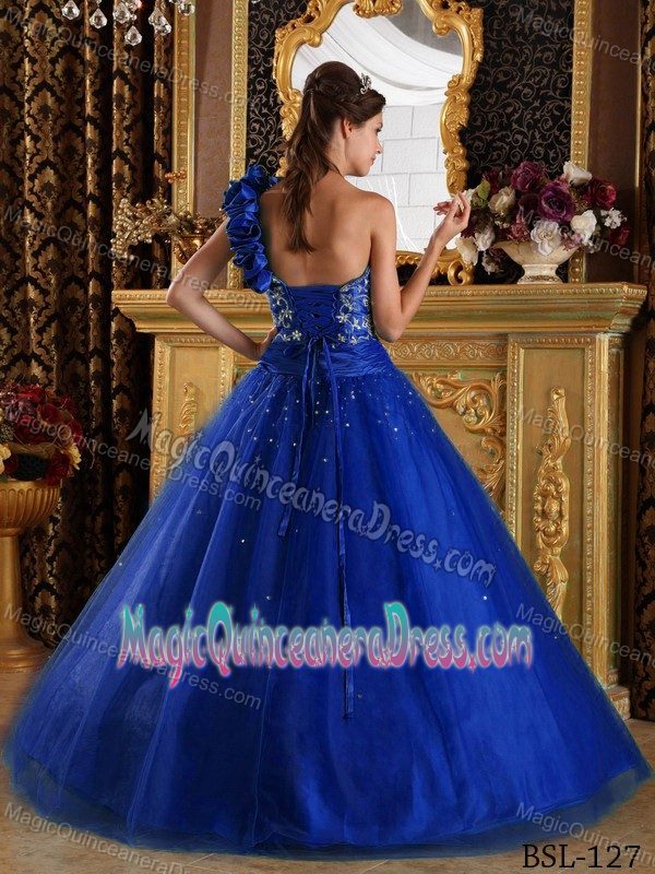 Royal Blue A-Line Flower One Shoulder Tulle Beading Quinceanera Dress