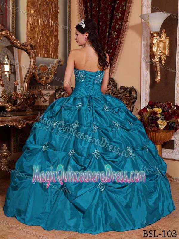 Teal Strapless Taffeta Appliques and Pick-ups Quinceanera Dress in Hauppauge
