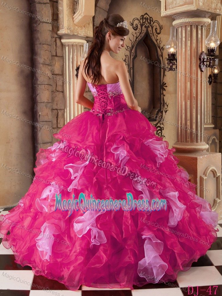 Hot Pink Strapless Organza Beading and Ruffles Quinceanera Dress in Flushing