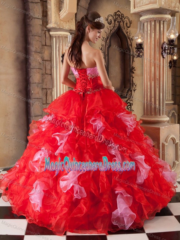 Ball Gown Strapless Organza Beading and Ruffles Quinceanera Dress in Red