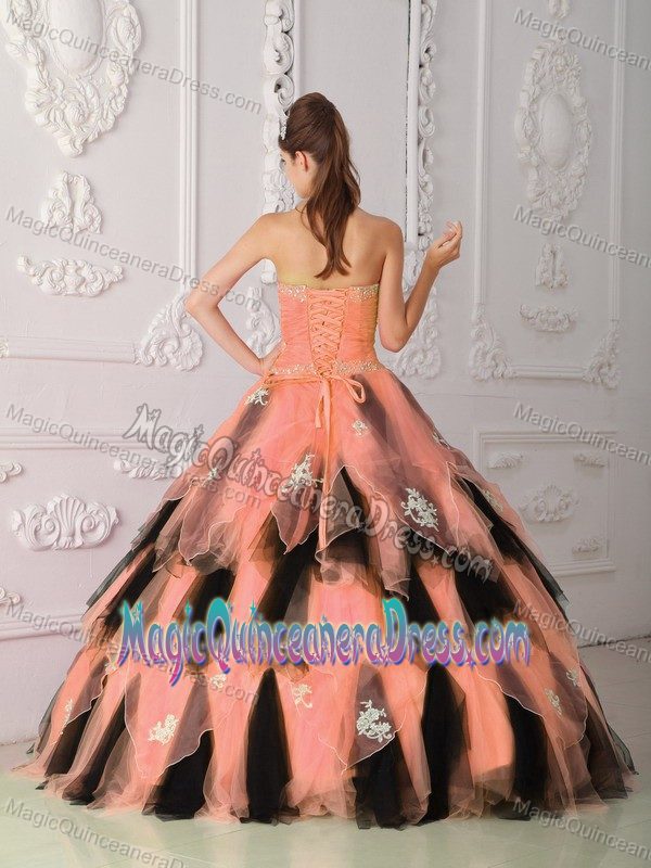 Pink and Black A-Line Strapless Organza Appliques Quinceanera Dress in Buffalo