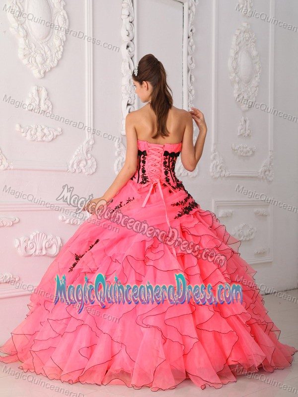 Sweet Strapless Appliques and Ruffles Coral Red Quinceanera Dress in Brooklyn