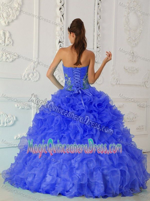 Exquisite Blue Strapless Embroidery and Ruffled Layers Quinceanera Dress