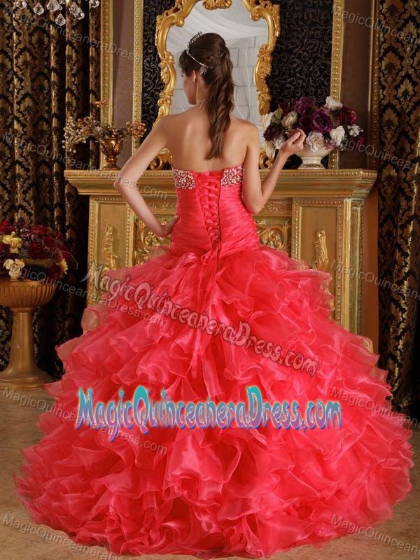 Exclusive Red Sweetheart Organza Beading and Ruffled Quinceanera Dress