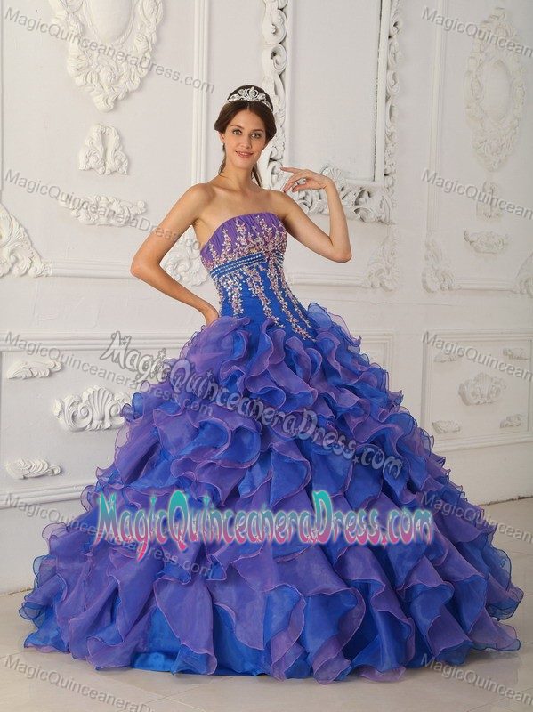 Blue Strapless Organza Beading and Appliques Quinceanera Dress in Amherst