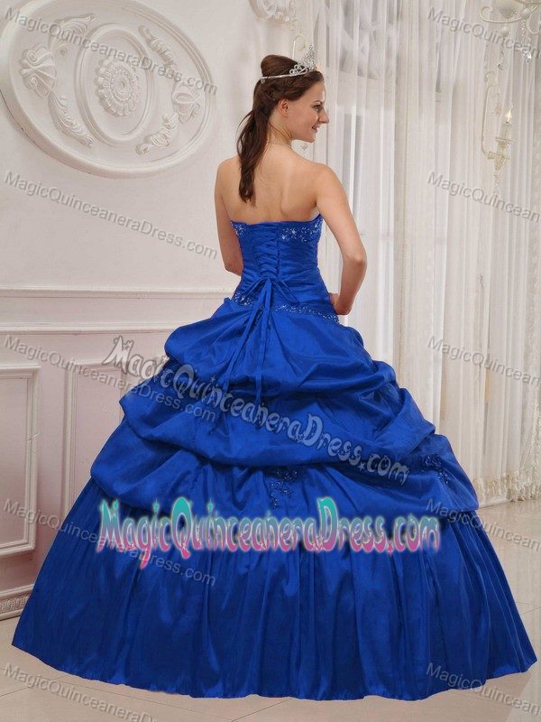 Blue Strapless Taffeta Quinceanera Dress with Beading and Ruching in Albany