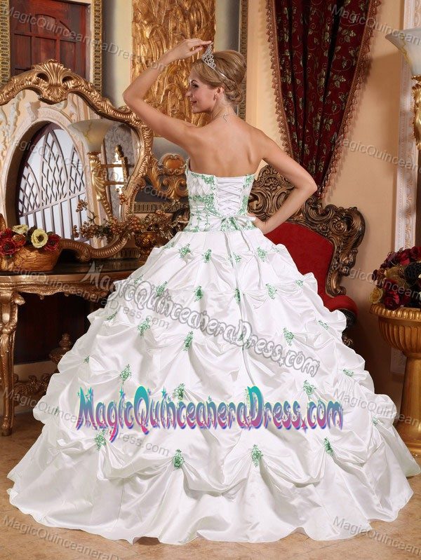 White Taffeta Strapless Sweet 16 Dress with Green Appliques in Albuquerque