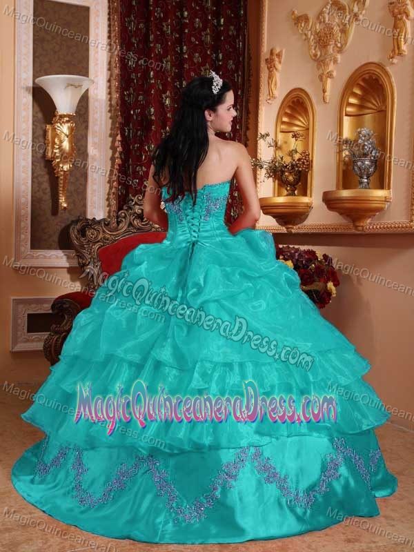 Turquoise Strapless Organza Beading and Appliques Quinceanera Gown Dresses