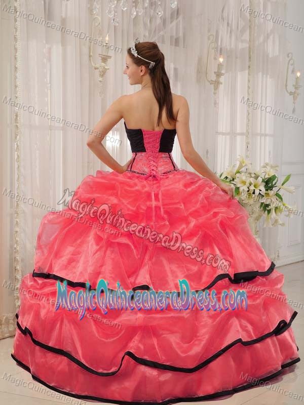 Red and Black Strapless Satin and Organza Beading Quinceanera Dress in Taos