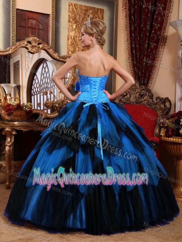 Wonderful Blue and Black Strapless Tulle Beading and Bow Quinceanera Dress