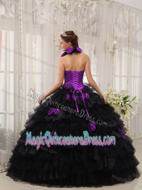 Ball Gown Halter Hand Made Flowers Quinceanera Dress in Purple and Black