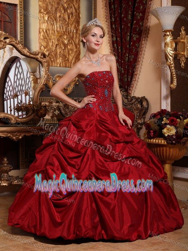 2014 Hot Sale Wine Red Strapless Taffeta Beading Sweet 16 Dress in Parsippany