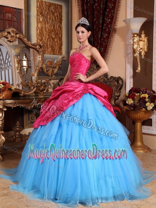 Red and Blue Strapless Appliques with Beading Quinceanera Dress in Mount Laurel