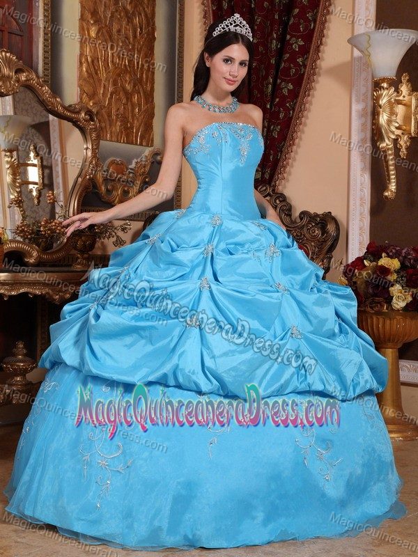 Teal Strapless Taffeta and Organza Beading and Appliques Quinceanera Dress