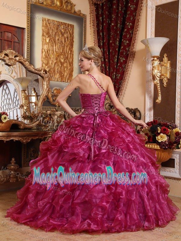 Jersey City Fuchsia Ball Gown One Shoulder Organza Beading Quinceanera Dress