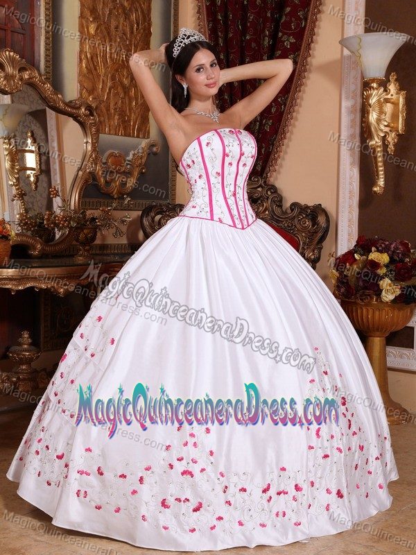 White Strapless Taffeta Beading and Embroidery Quinceanera Dress in Hoboken