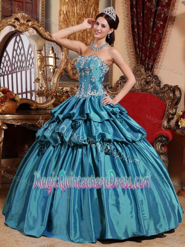 Teal Ball Gown Sweetheart Appliques Quinceanera Dress with Hand Made Flowers