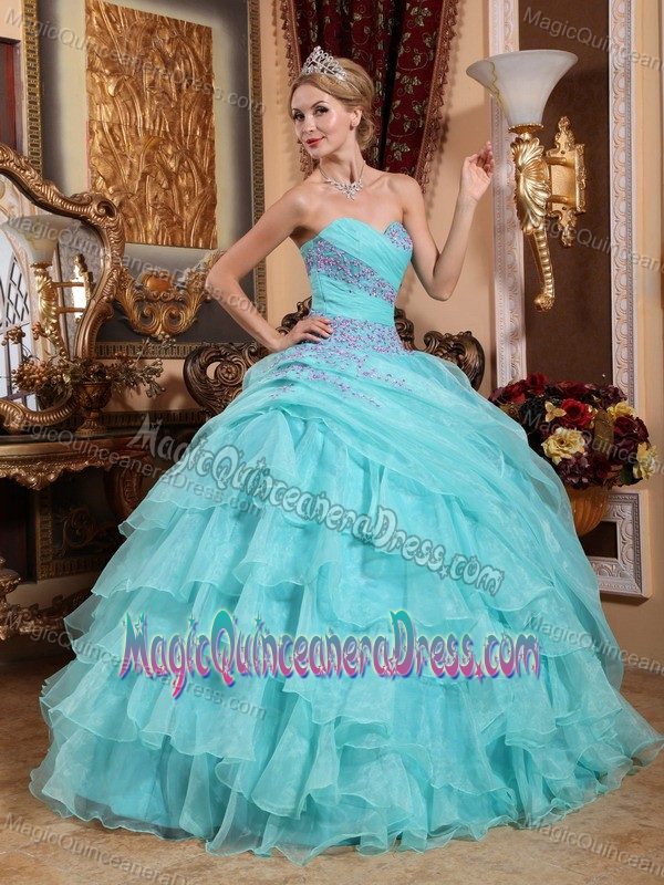Sweetheart Organza Appliques and Ruching Quinceanera Dress in Baby Blue
