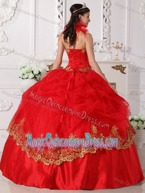 Red Halter Taffeta with Beading and Gold Appliques Sweet 16 Dress in Freehold