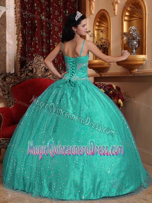Turquoise Spaghetti Straps Sequined and Beading Quinceanera Dress in Edison