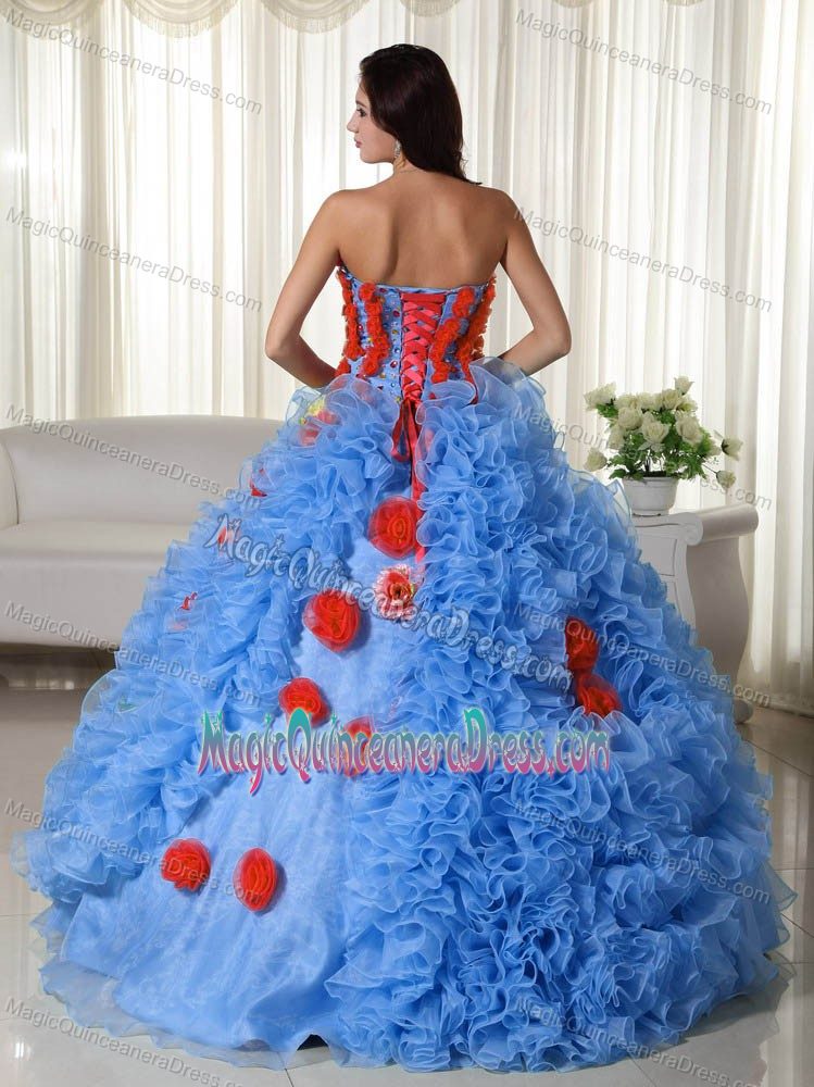 Blue Ruffled Strapless Sweet 15 Dress in Floor-length with Hand Made Flower