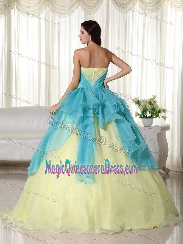 Teal and Yellow Strapless Floor-length Quinceanera Dress with Flower in Vail
