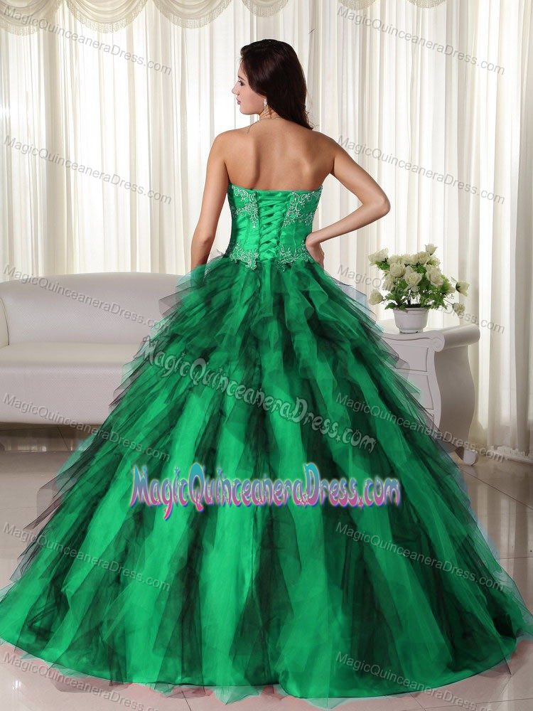 Strapless Floor-length Sweet 15 Dress in Green with Ruffles and Lace Up Back