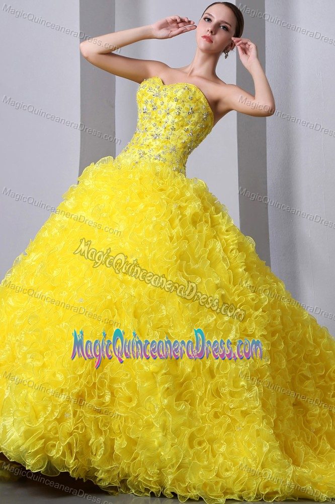 A-Line Sweetheart Yellow Quinceanera Gowns with Brush Train and Ruffles