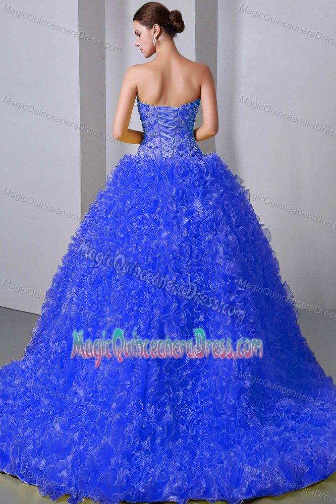 Blue Princess Sweetheart Brush Train Quinceanera Gown Dress with Ruffles