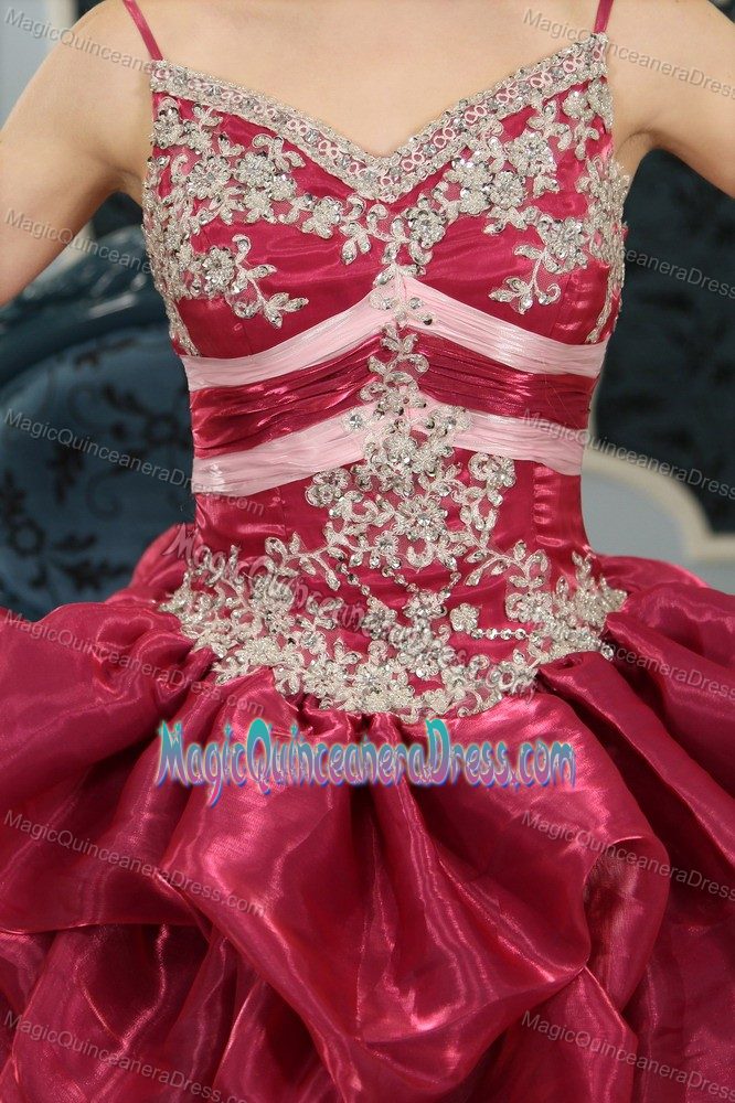Wine Red Spaghetti Strap Dresses for Quince with Pick-ups in Big Bear Lake
