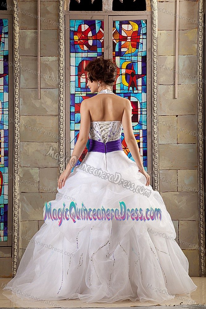 Halter Floor-length Quinceanera Gowns in White with Ruffles and Beading