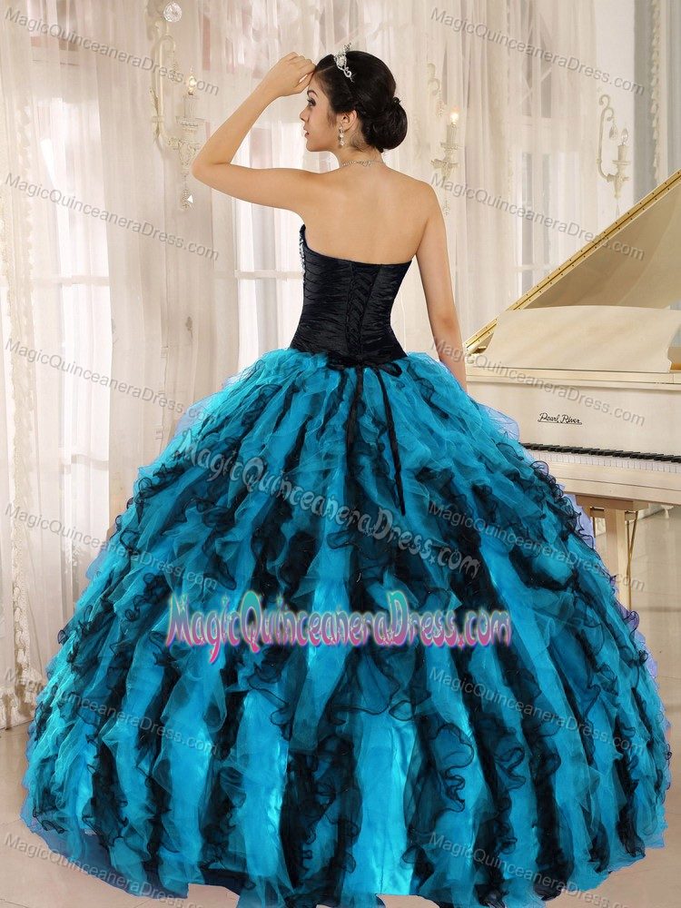 Beaded and Ruffled Sweetheart Black and Blue Quinceanera Dress in Newark