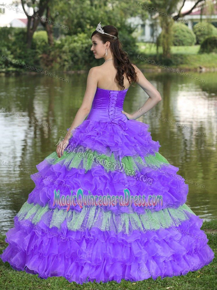 Ruffled A-line Strapless Quinceanera Gown Dresses in Purple with Sequins