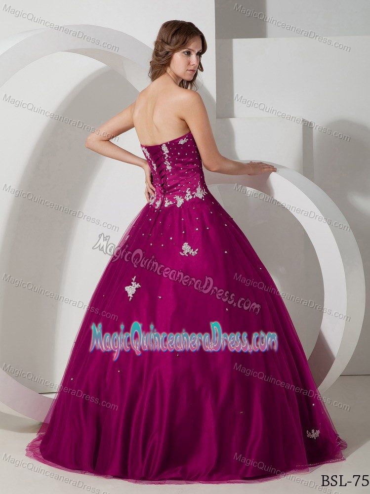 Dark Red Strapless Quince Dress in Floor-length with Appliques in Norcross