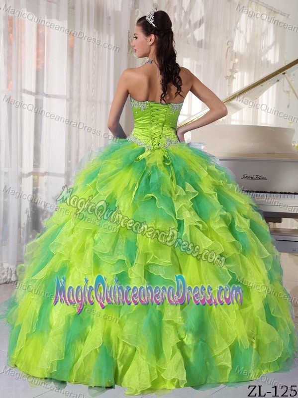 Yellow and Green Strapless Quinceanera Gowns with Ruffles in Kennesaw