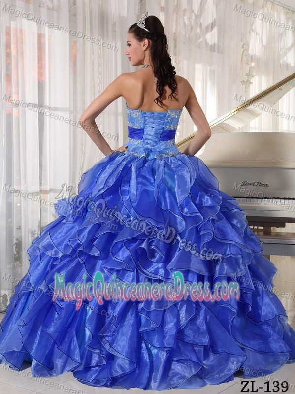 Cute Strapless Floor-length Organza Sweet 15 Dresses in Blue with Ruffles