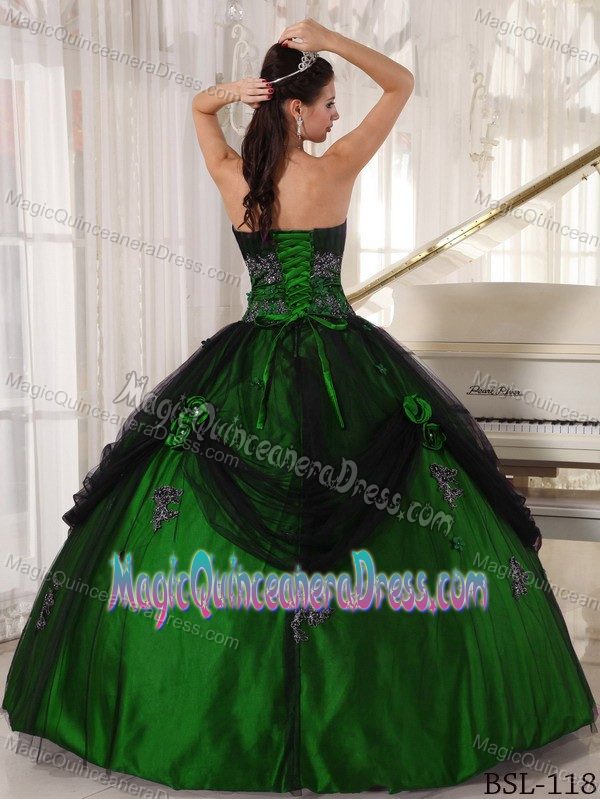 Strapless Floor-length Quince Dress in Dark Green with Appliques in Venice