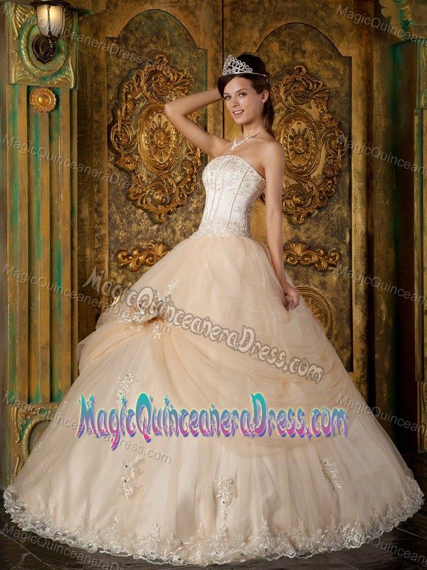 Champagne Strapless Quinceanera Gown with Appliques and Lace in Corona